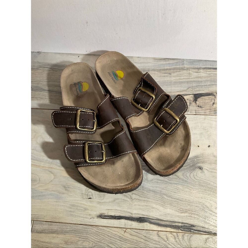 Maui Island women’s brown leather slip-on sandals size 9